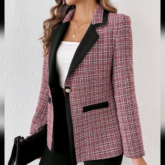Women's Red Checkered Contrast Color Single Breasted Blazer For New Year - Picture 1 of 4